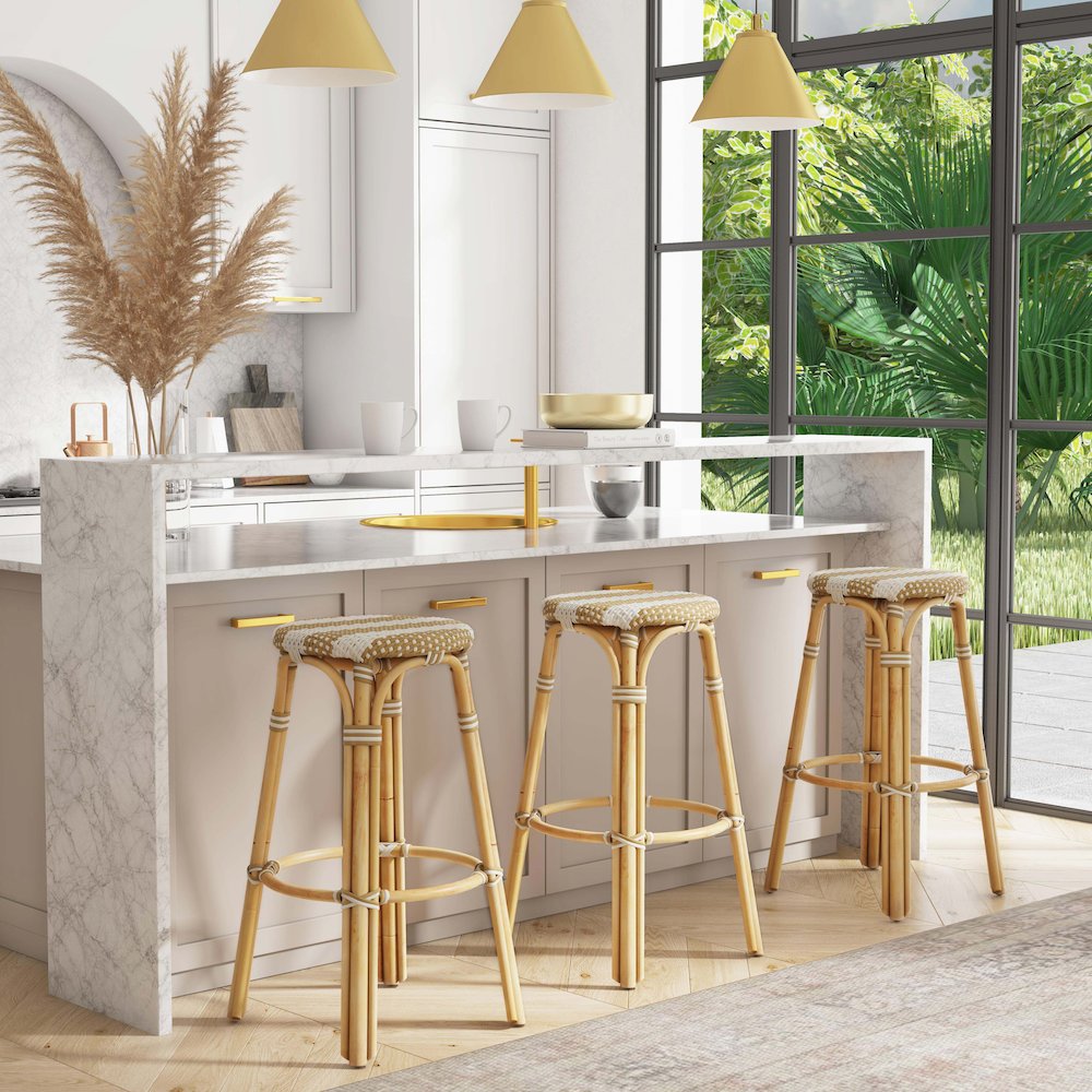 Tobias Round Rattan 30" Bar Stool, Tan and White Stripe