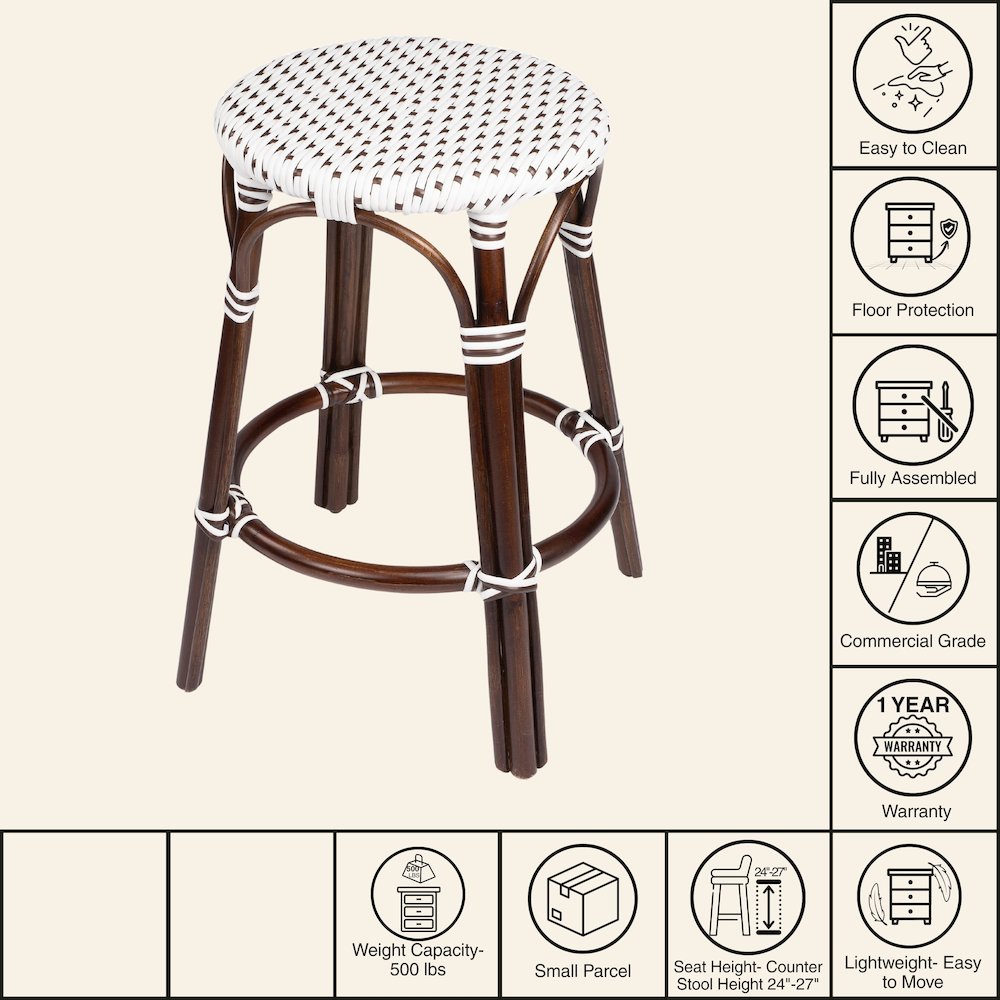 Tobias Rattan Round 24" Counter Stool, White and Brown Dot