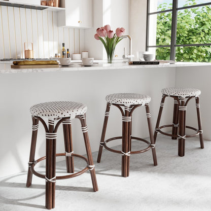 Tobias Rattan Round 24" Counter Stool, White and Brown Dot