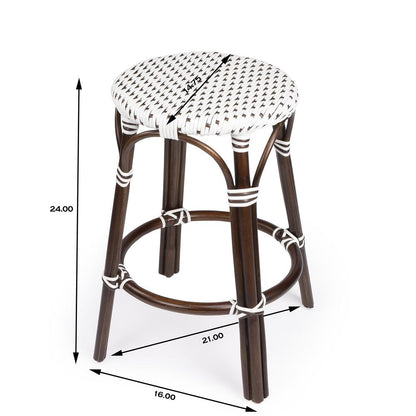 Tobias Rattan Round 24" Counter Stool, White and Brown Dot