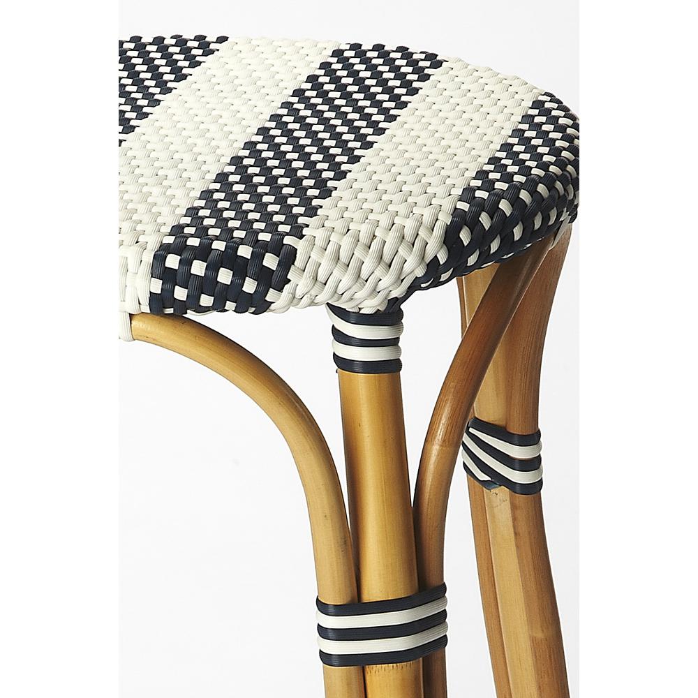 Tobias Rattan Round 24" Counter Stool, White and Navy Stripe