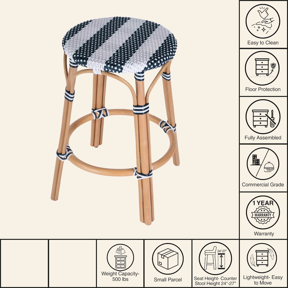 Tobias Rattan Round 24" Counter Stool, White and Navy Stripe