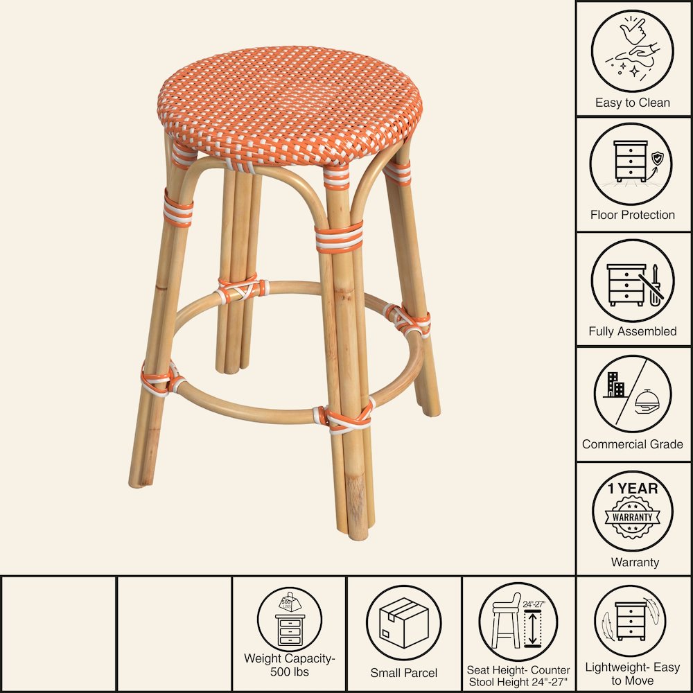 Tobias Rattan Round 24" Counter Stool, Orange and White Dot