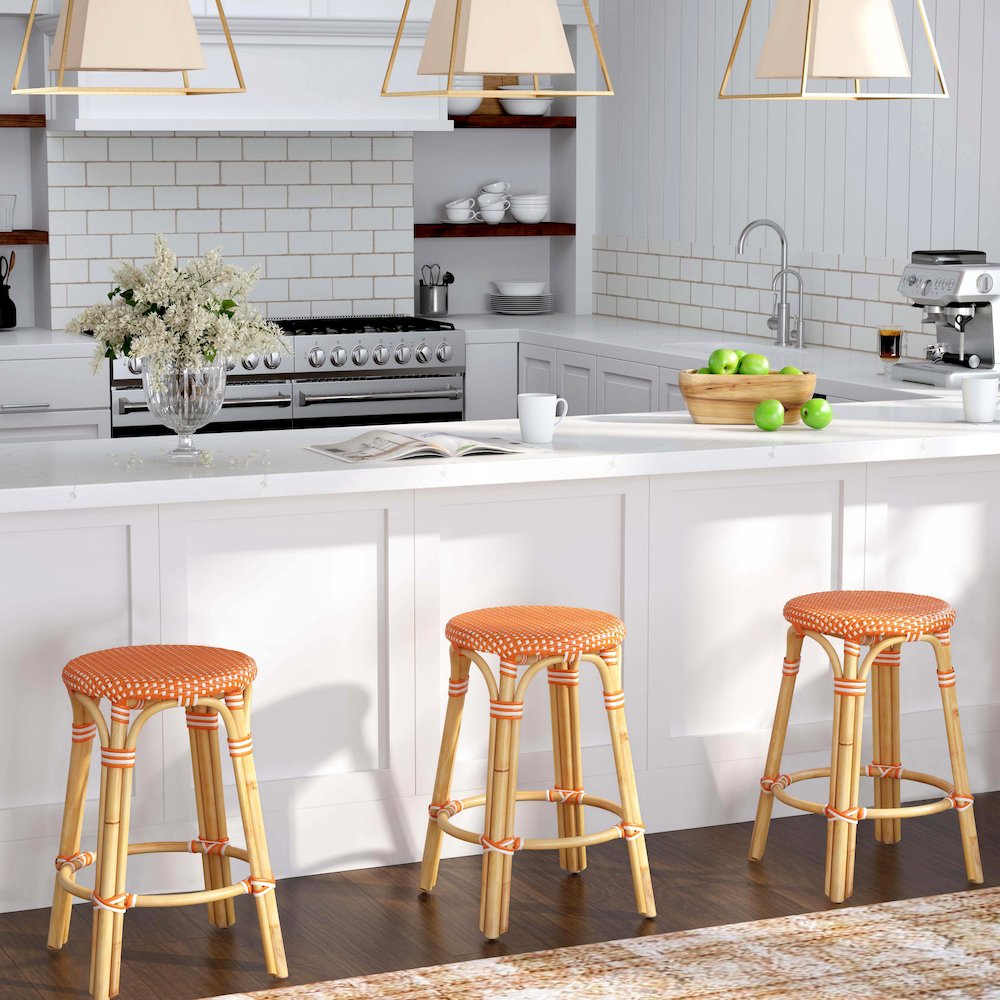 Tobias Rattan Round 24" Counter Stool, Orange and White Dot