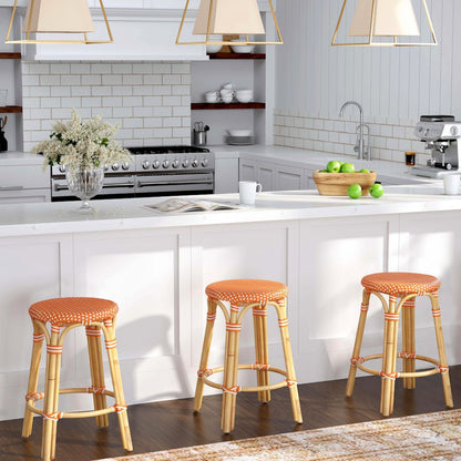 Tobias Rattan Round 24" Counter Stool, Orange and White Dot