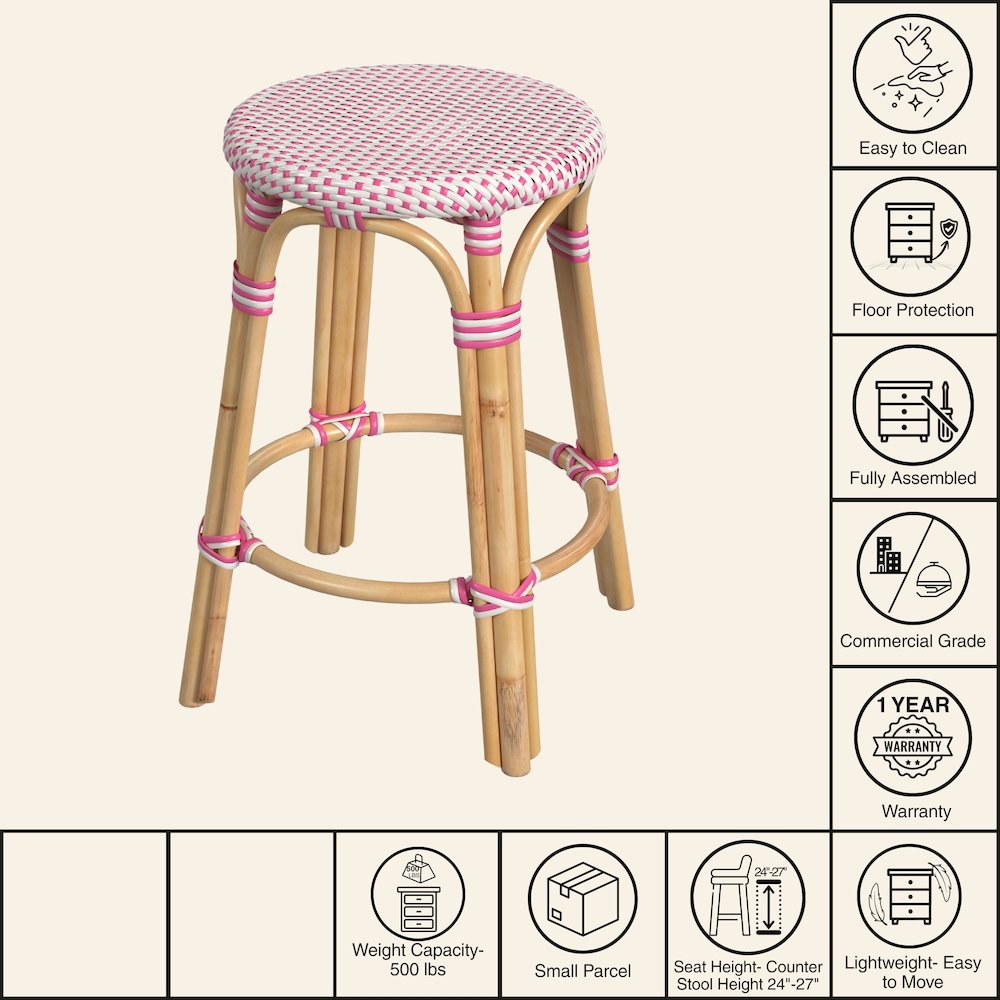 Tobias Rattan Round 24" Counter Stool, White and Pink Dot