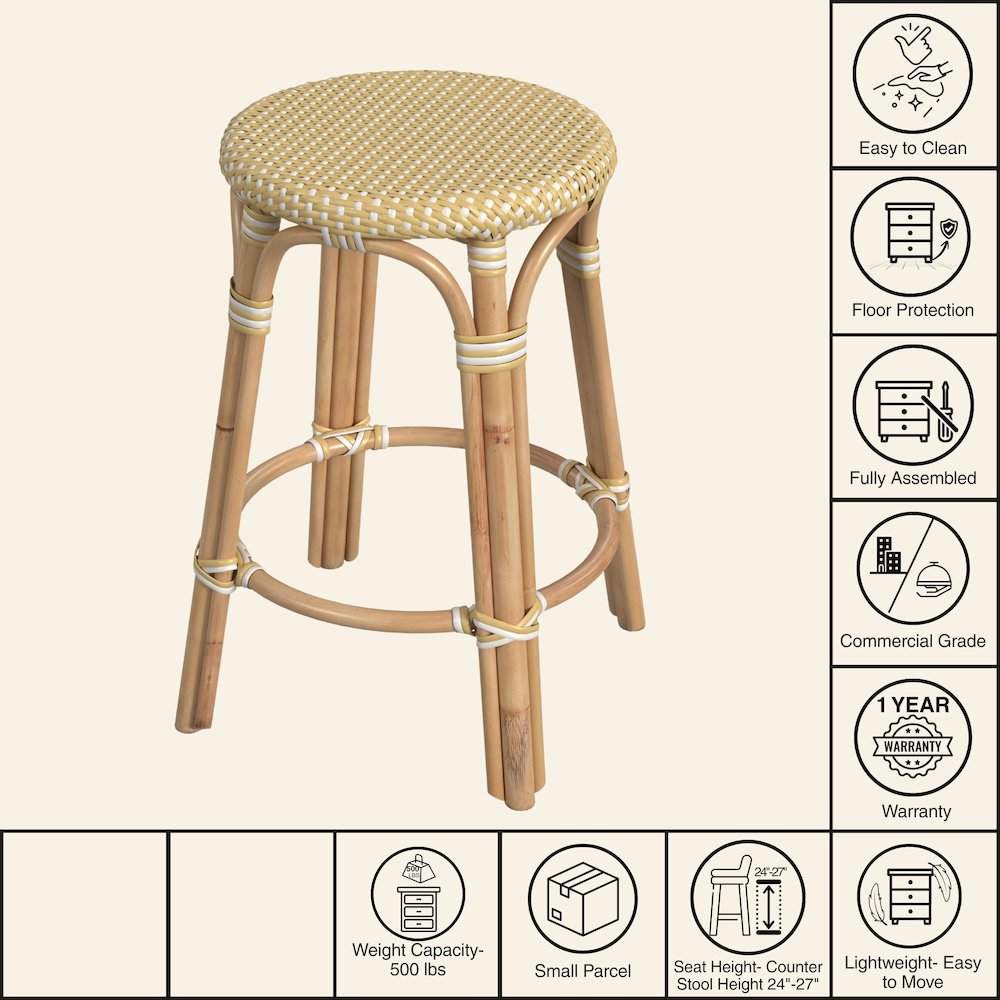 Tobias Rattan Round 24" Counter Stool, Yellow and White Dot