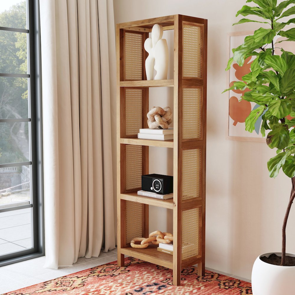 Mesa Cane and Solid Wood 4- Tier Etagere Bookcase, Natural