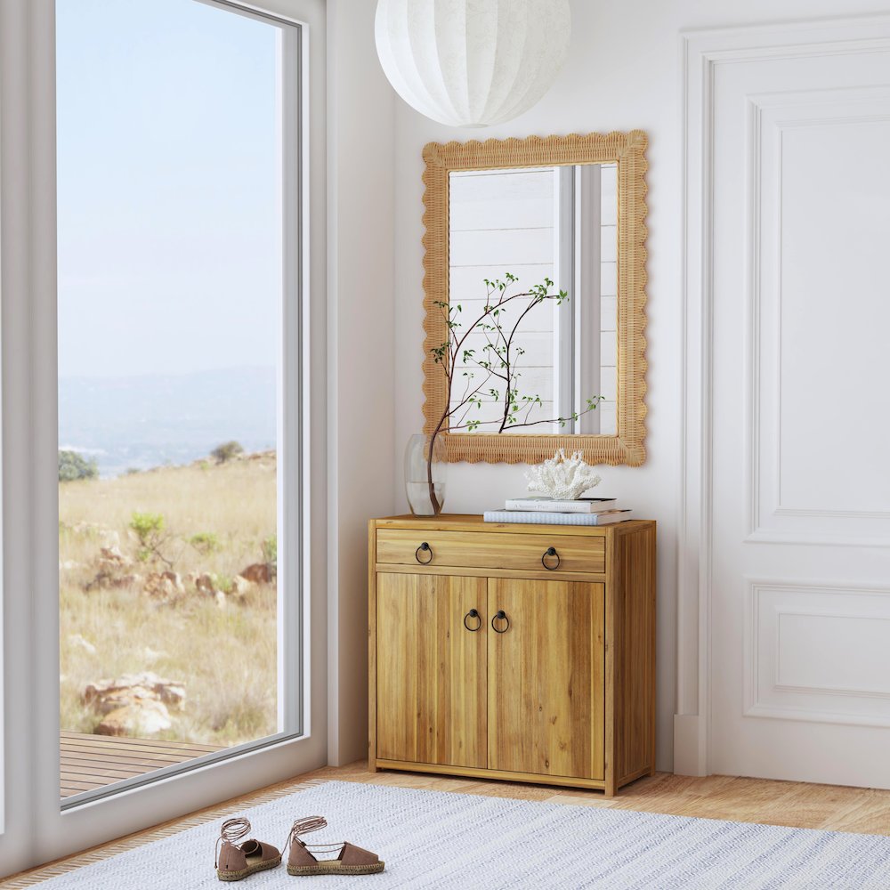 Flora Rattan Scalloped Wall Mirror, Light Brown