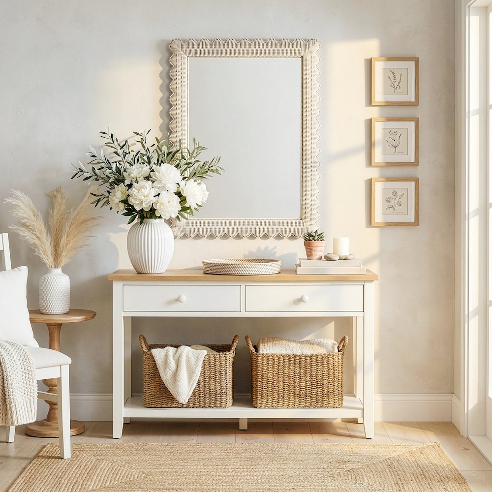 Flora 30" Rattan  Wall Mirror, Off-White