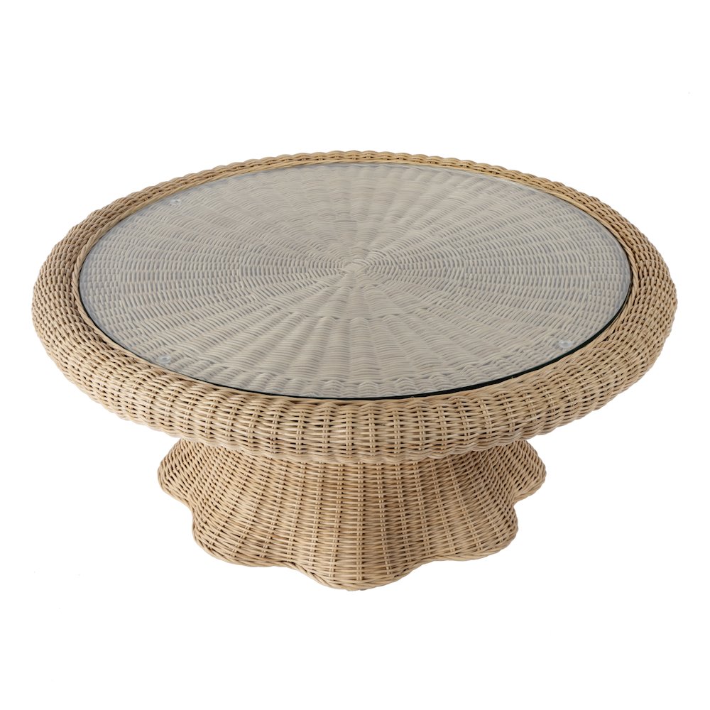 Flora  Rattan Scalloped 40" Coffee Table, Light Brown