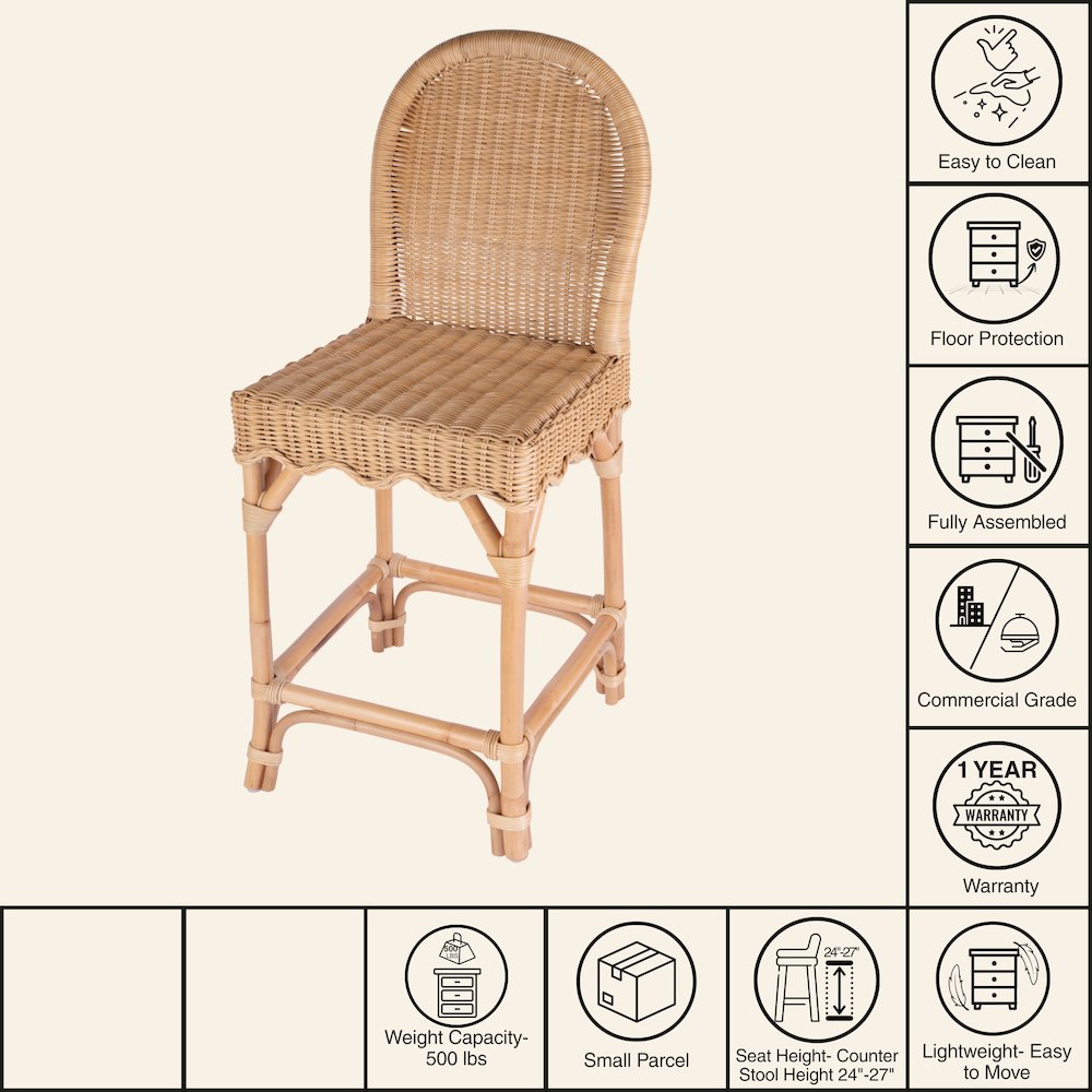 Flora Rattan 24" Scalloped Edge Counter Stool, Light Brown