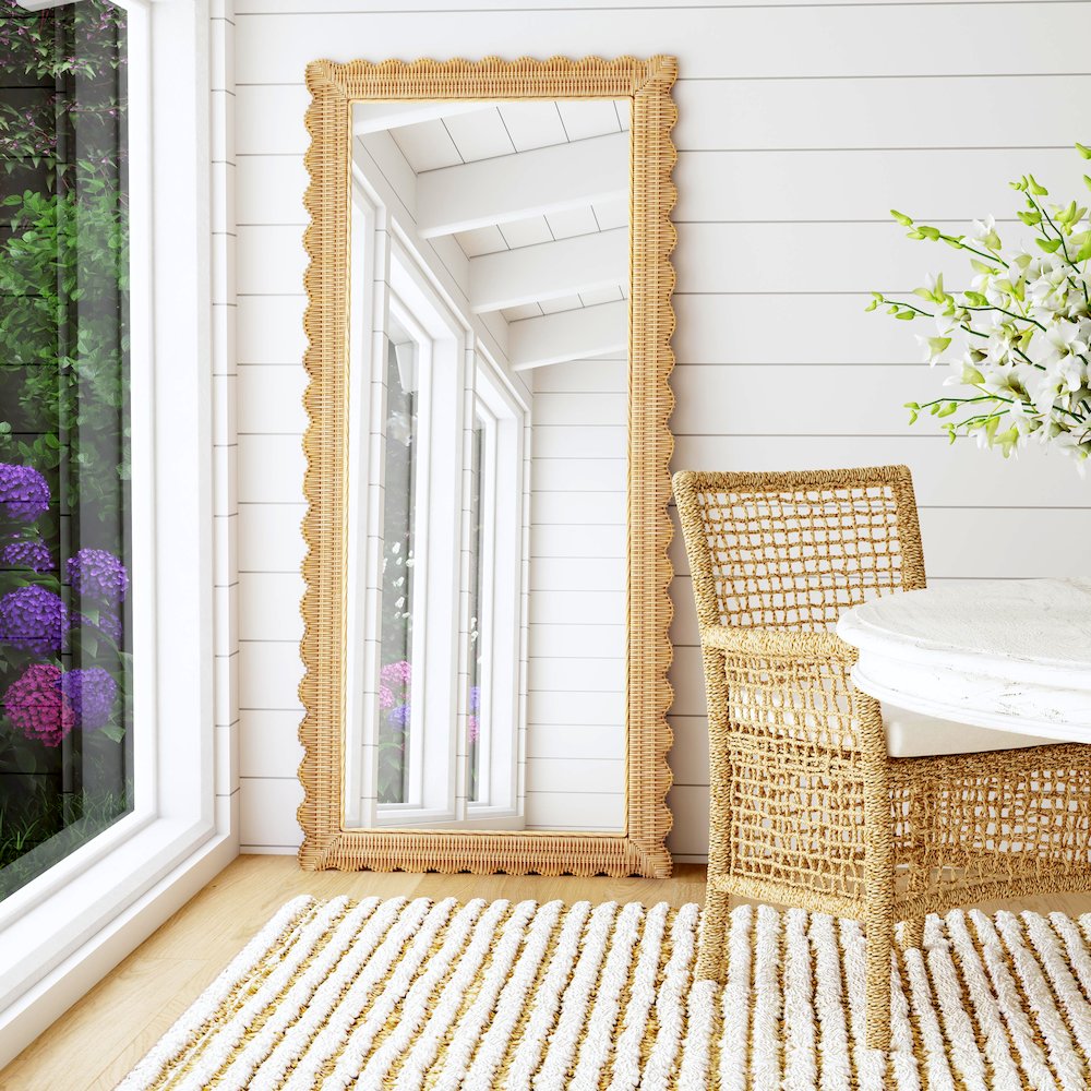Flora Scalloped  Rattan Floor Mirror, Light Brown