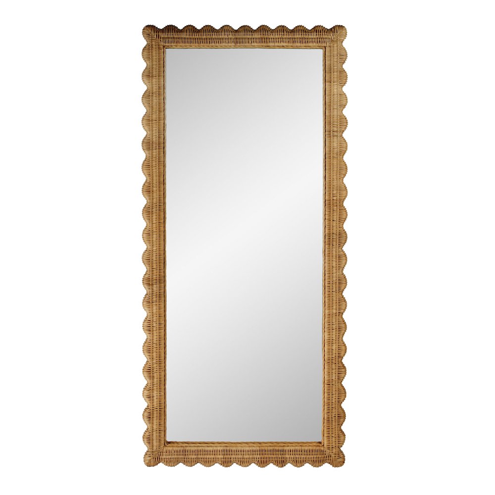 Flora 32 in. W x 69.5 in. H Rectangular Scalloped  Rattan Floor Mirror, Brown