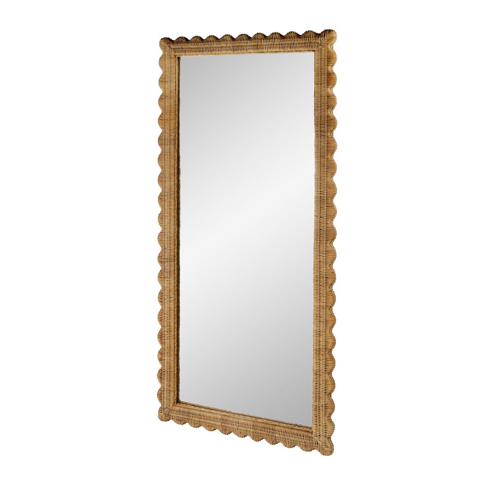 Flora 32 in. W x 69.5 in. H Rectangular Scalloped  Rattan Floor Mirror, Brown