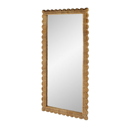 Flora 32 in. W x 69.5 in. H Rectangular Scalloped  Rattan Floor Mirror, Brown