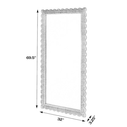 Flora 32 in. W x 69.5 in. H Rectangular Scalloped  Rattan Floor Mirror, Brown