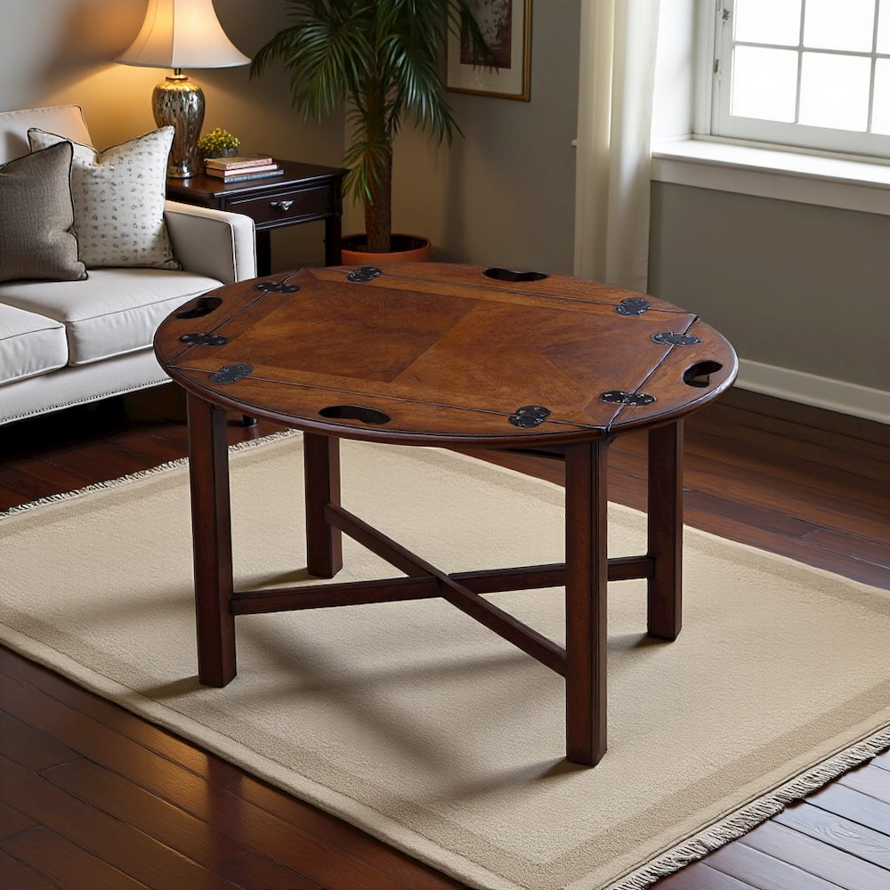 Dark Brown Oval Coffee Table for Living Room with Vintage Wood Finish
