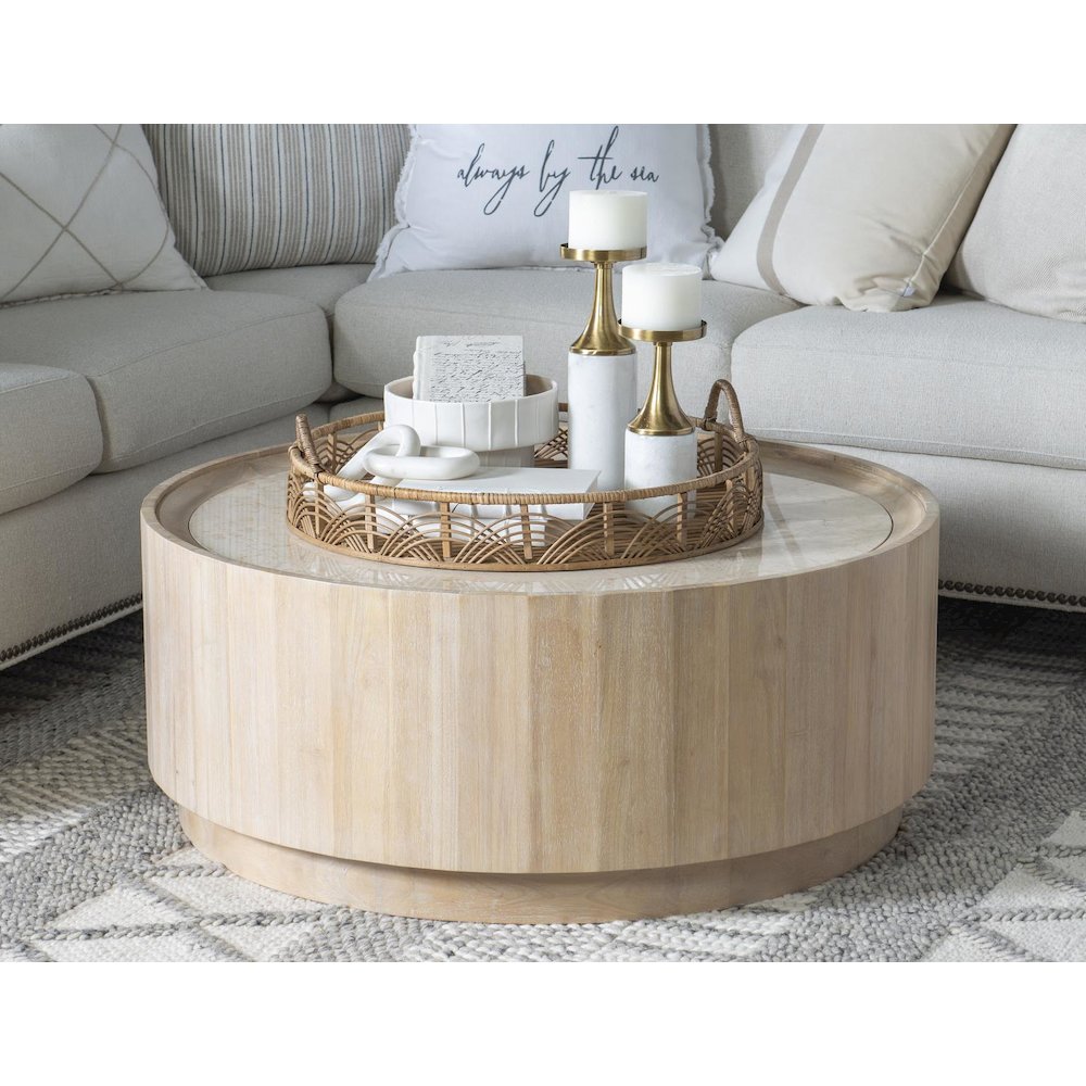 Biscayne Round Cocktail Table with Travertine Top and Casters