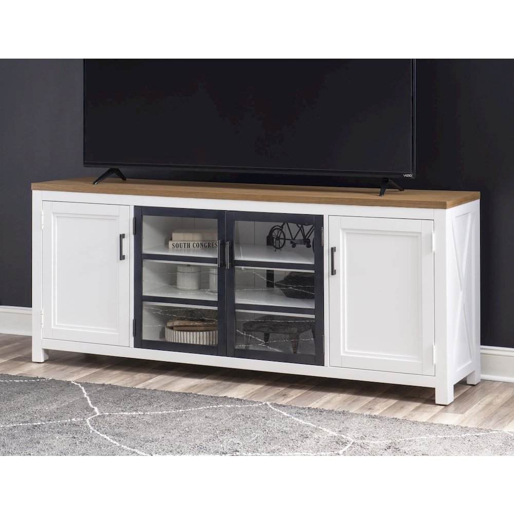 Entertainment Console, Harvest Oak Tops, Natural White Base, Aged Black Accents