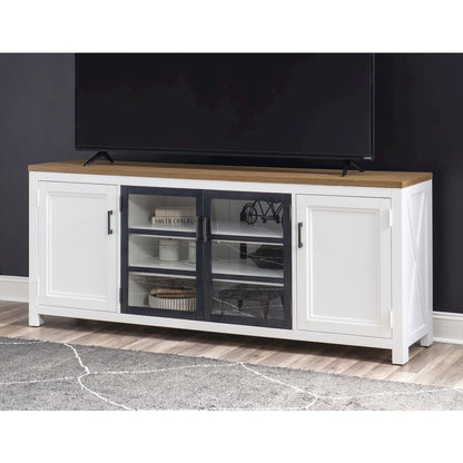 Entertainment Console, Harvest Oak Tops, Natural White Base, Aged Black Accents