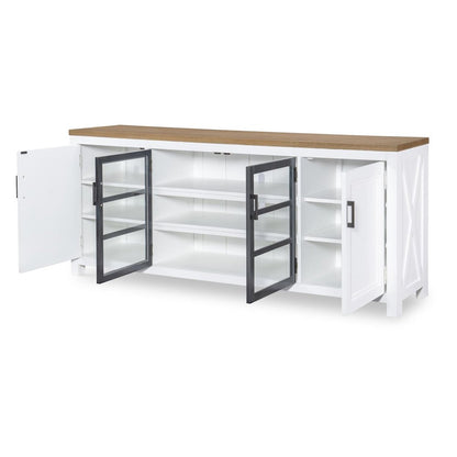 Entertainment Console, Harvest Oak Tops, Natural White Base, Aged Black Accents