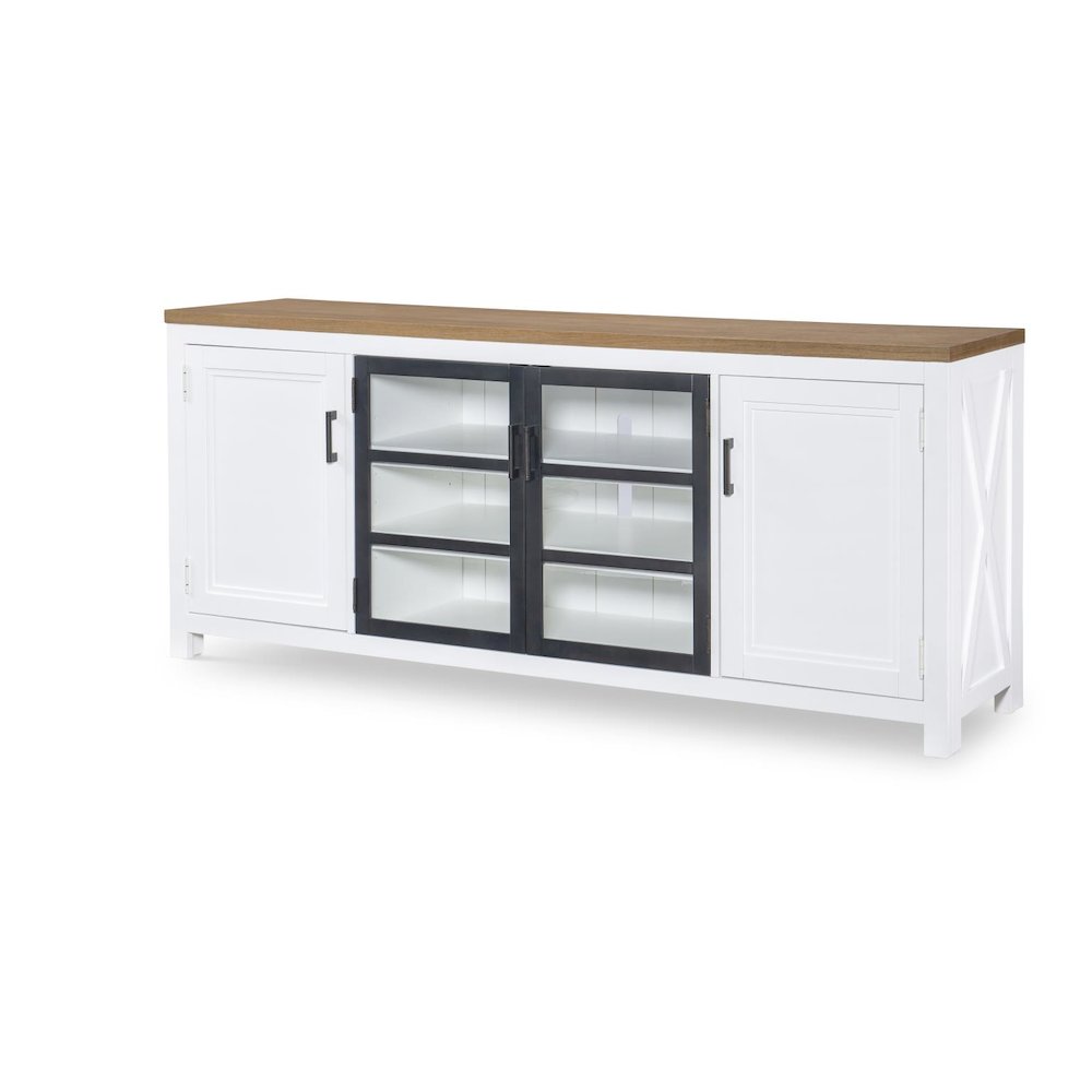 Entertainment Console, Harvest Oak Tops, Natural White Base, Aged Black Accents