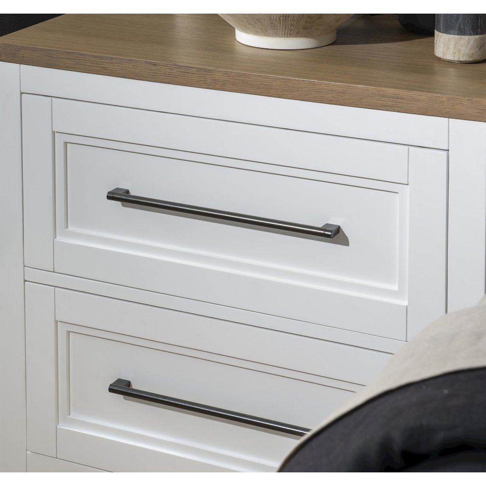Entertainment Console, Harvest Oak Tops, Natural White Base, Aged Black Accents