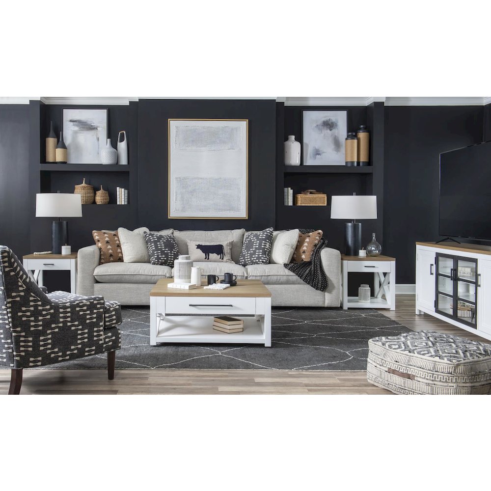 Entertainment Console, Harvest Oak Tops, Natural White Base, Aged Black Accents
