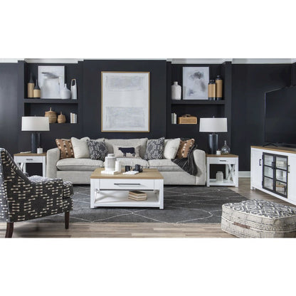 Entertainment Console, Harvest Oak Tops, Natural White Base, Aged Black Accents