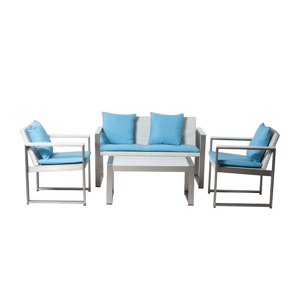 Chester 4 Piece Sofa, Brushed Turquoise In Aluminum, Rattan