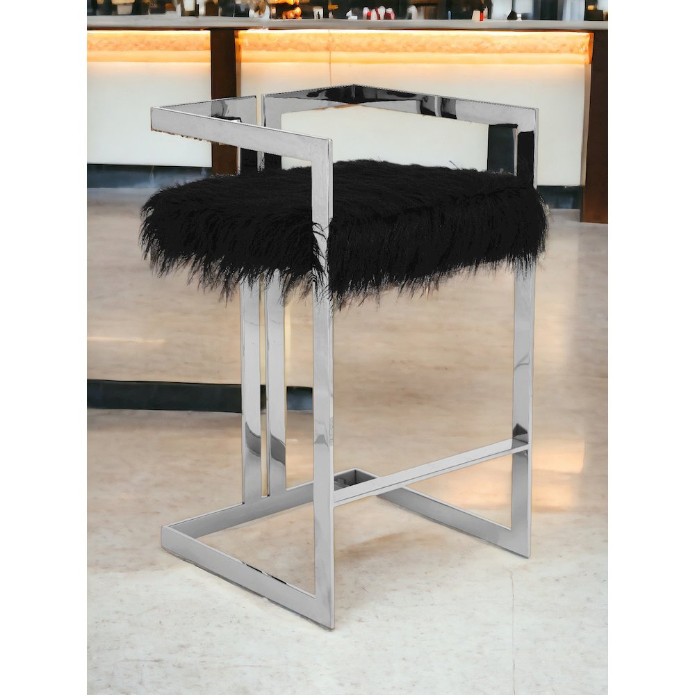 Kenzie Bar Stool Silver/Black Faux Fur