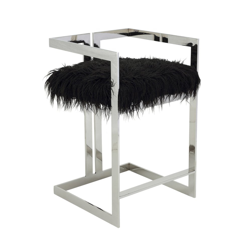 Kenzie Counter Stool Silver/Black Faux Fur
