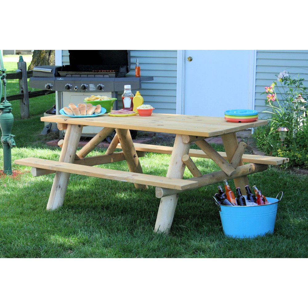 6' Log Picnic Table  Attached Benches