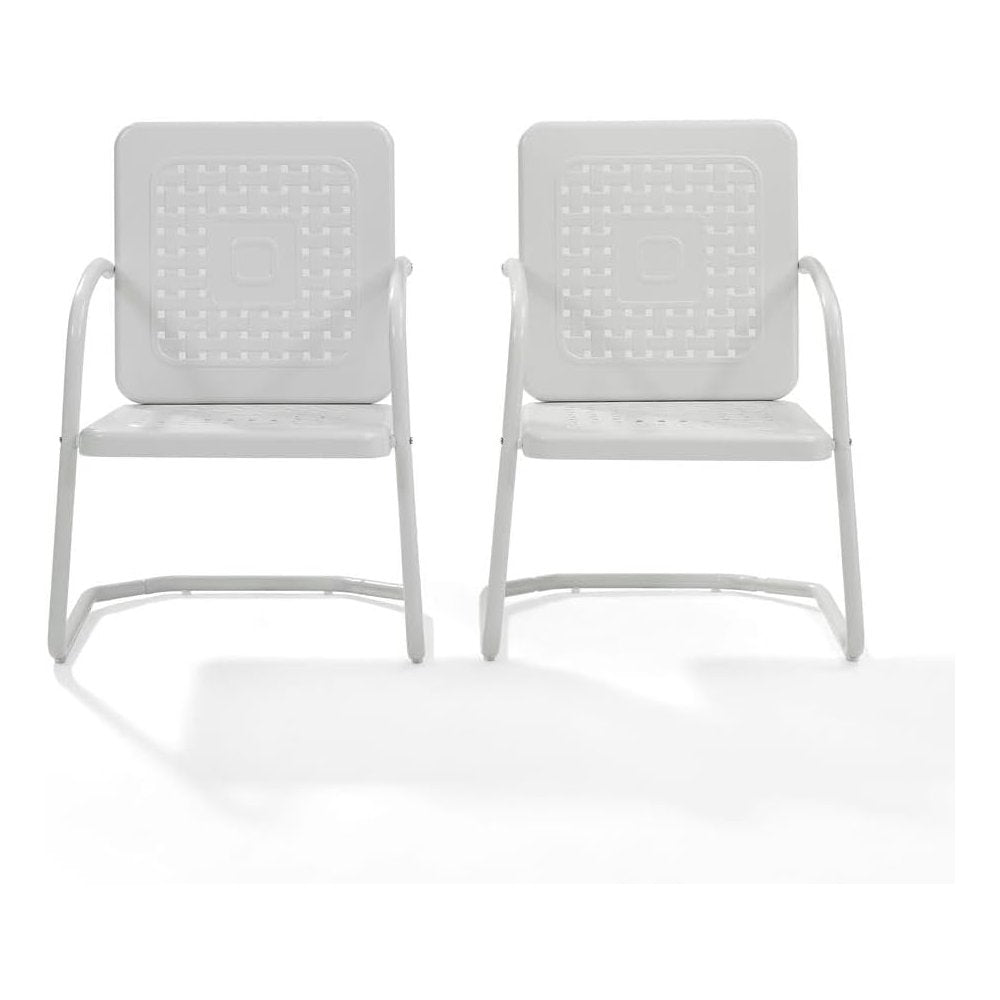White outdoor armchair duo with sturdy construction and comfortable seating