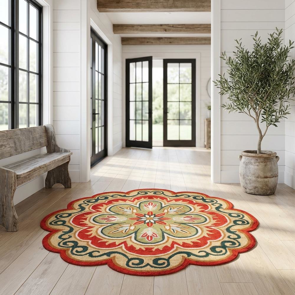 Bohemian Indoor Area Rug In Orange/Gold, Round Shape With Soft Material
