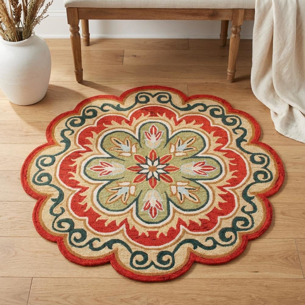 Bohemian Indoor Area Rug In Orange/Gold, Round Shape With Soft Material