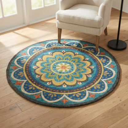 Bohemian Patterned Indoor Area Rug In Blue And Multicolored 4' Round