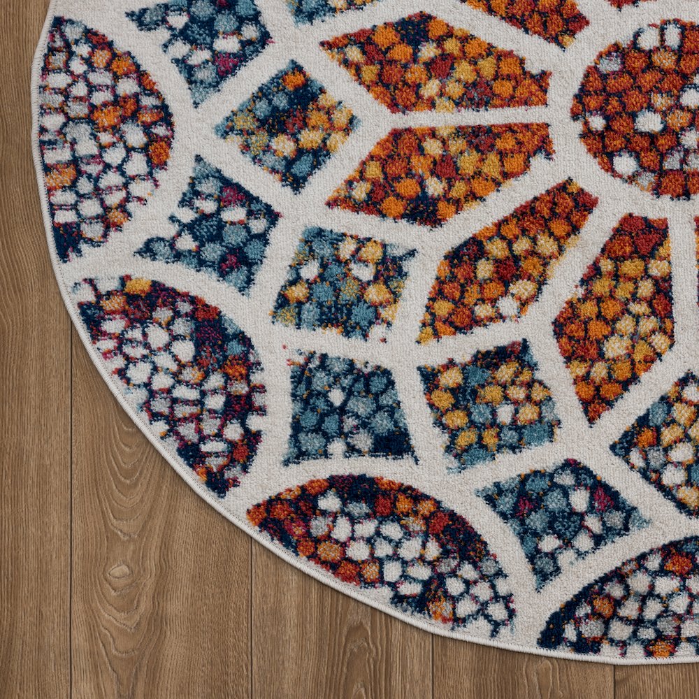 Kismet Durable Performance Area Rug Indoor in Ivory/Blue, 6'7" Round