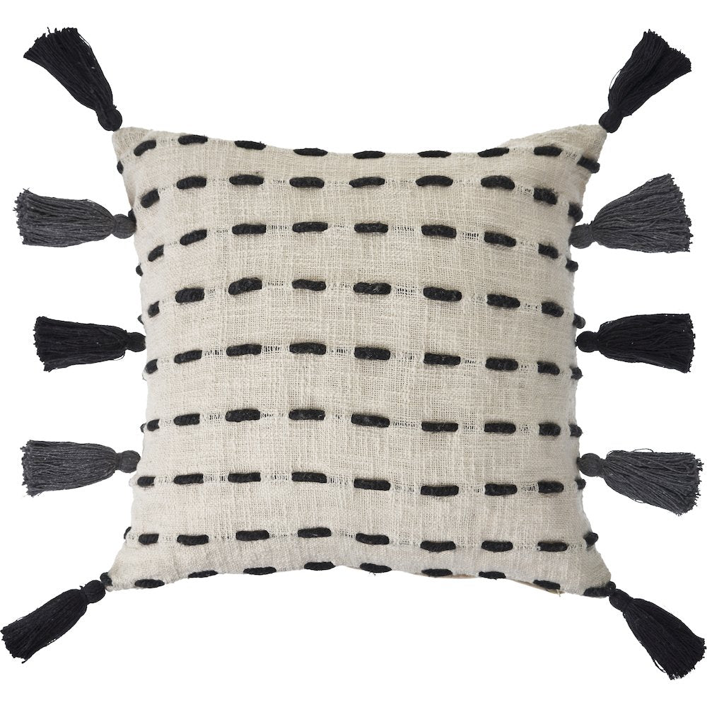 Evette Rios Elevate Tasseled Black and Cream Stitched Throw Pillow