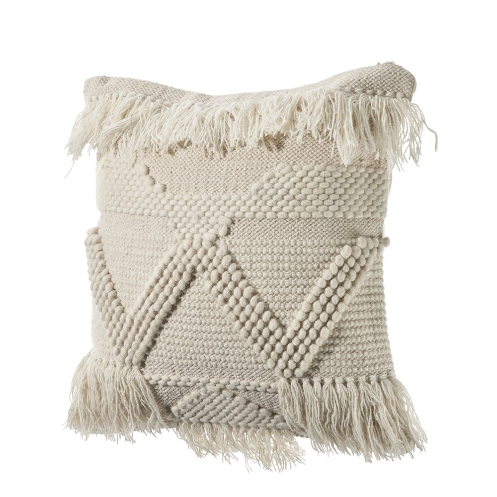 Textured and Fringe Ivory Throw Pillow