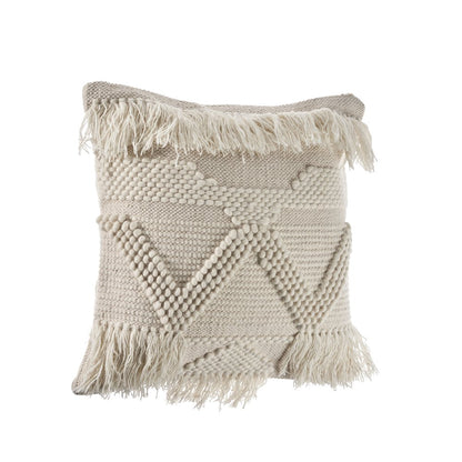 Textured and Fringe Ivory Throw Pillow