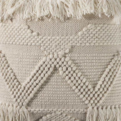 Textured and Fringe Ivory Throw Pillow
