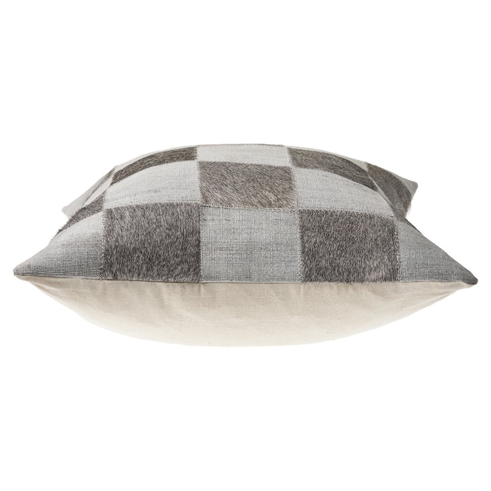 Silver and Brown Check Faux Leather Hide Throw Pillow