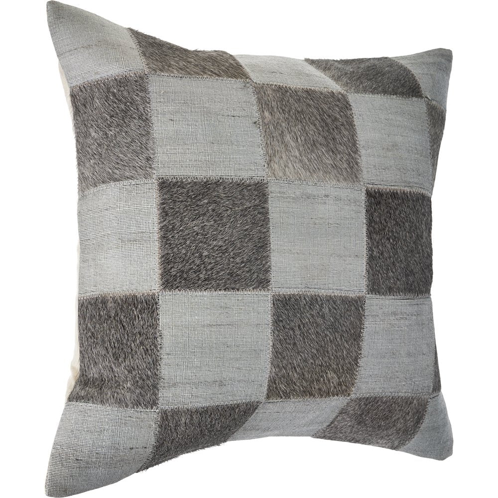 Silver and Brown Check Faux Leather Hide Throw Pillow