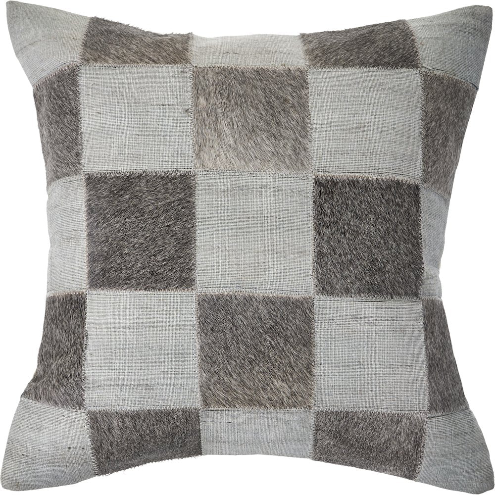 Silver and Brown Check Faux Leather Hide Throw Pillow