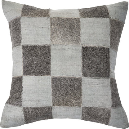 Silver and Brown Check Faux Leather Hide Throw Pillow