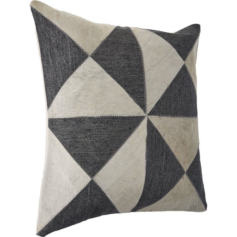 Charcoal and White Geometric Faux Leather Hide Throw Pillow
