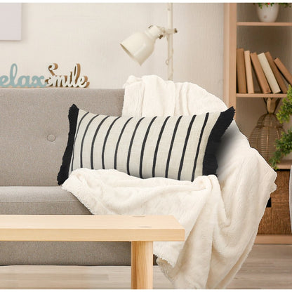 Striped Ivory and Black Fringe Pillow