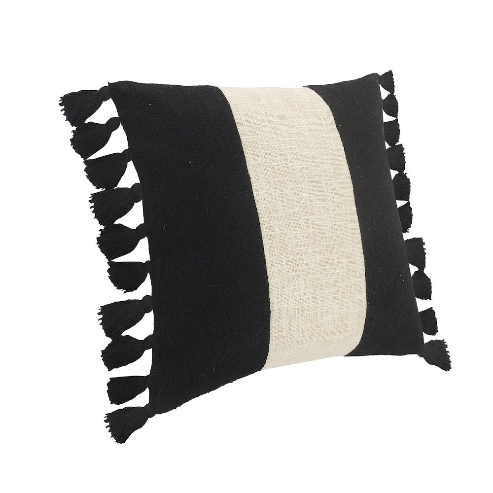 Tri-Stripe Black and Ivory Fringe Pillow